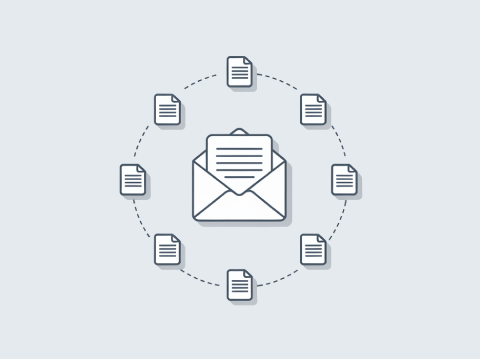 An illustration of an envelope with document icons arranged around it, symbolizing daily tender notifications