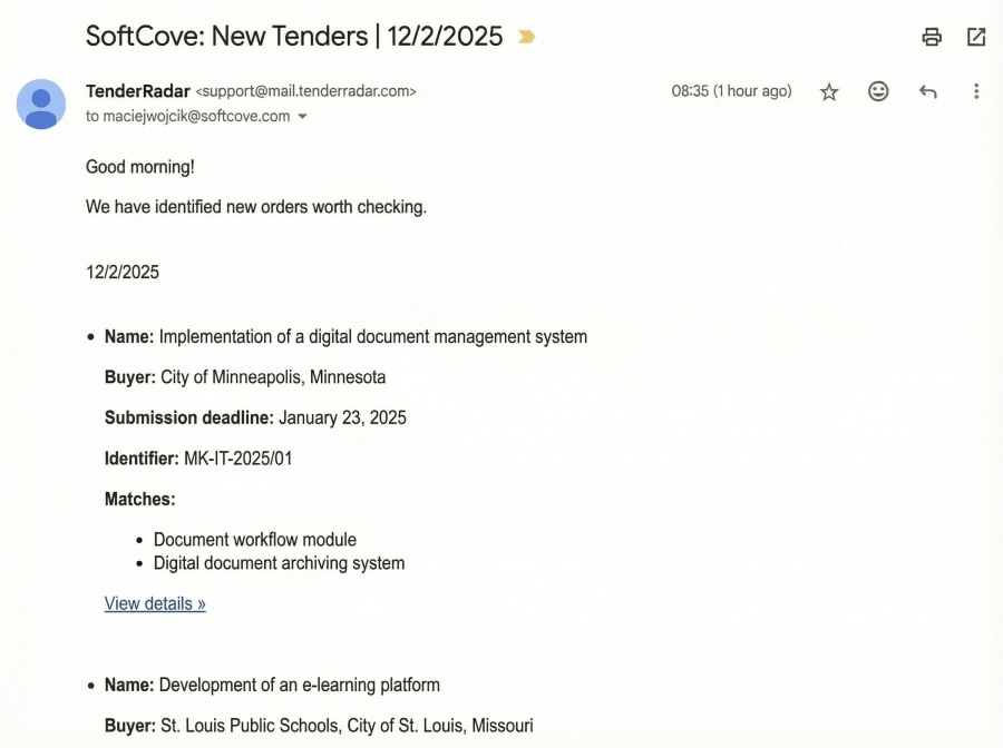 Screenshot of an email from TenderRadar with a daily summary of new tenders tailored to the tech company's preferences