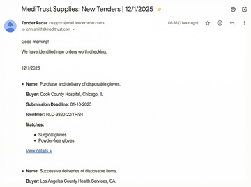 Screenshot of an email from TenderRadar with a daily summary of new tenders tailored to the preferences of a healthcare company