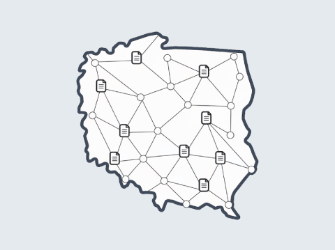 An illustration of a map of Poland with a network of lines and points, symbolizing tender analysis and monitoring of portals across the country