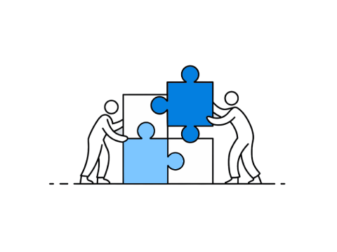 An illustration of two people collaborating to assemble puzzle pieces, symbolizing dedicated technical support and tailoring the tool to user needs